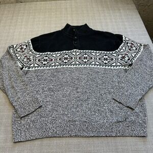 Chaps Fair Isle Sweater XXL Black Gray Southwestern 1/4 Button Pullover‎
